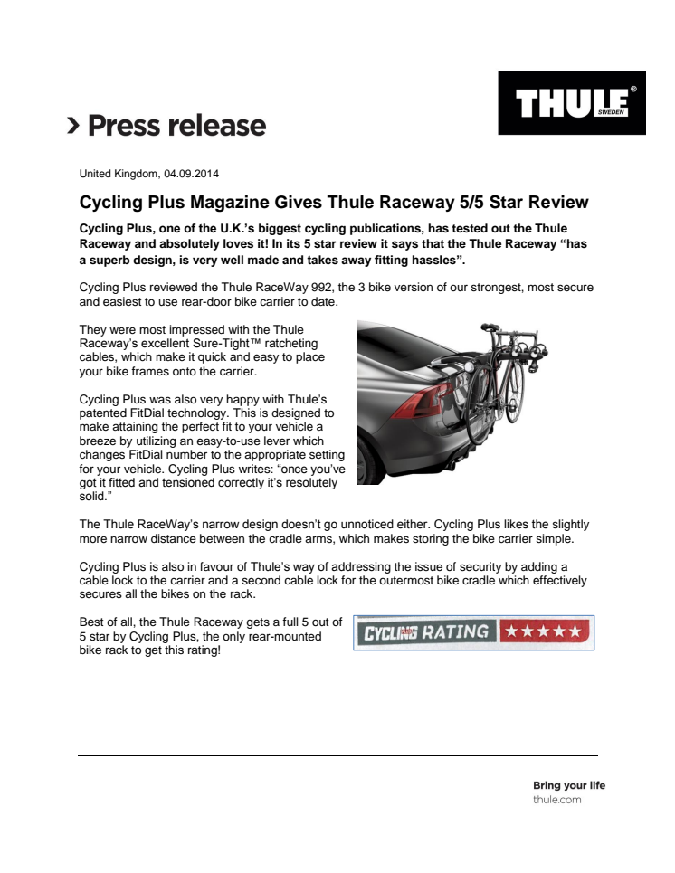 Cycling Plus Magazine Gives Thule Raceway 5/5 Star Review