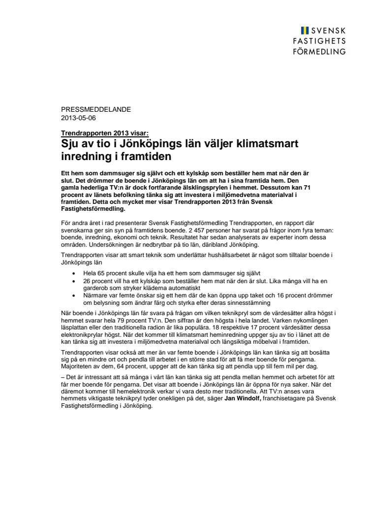 Trendrapporten 2013 visar: Sju av tio i Jönköpings län väljer klimatsmart inredning i framtiden