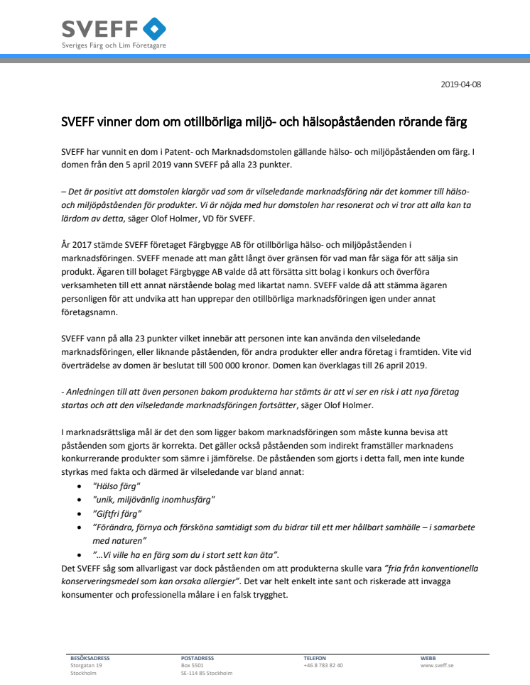 SVEFF vinner dom om otillbörliga miljö- och hälsopåståenden rörande färg