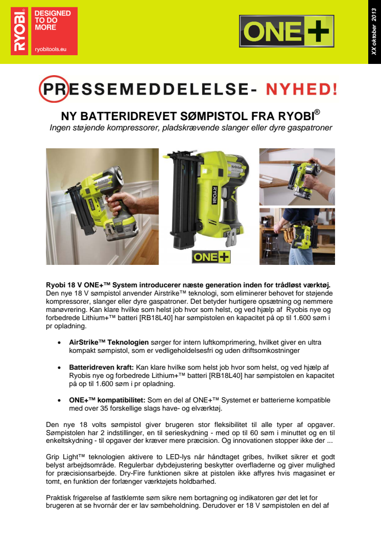 NY BATTERIDREVET SØMPISTOL FRA RYOBI® - Ingen støjende kompressorer, pladskrævende slanger eller dyre gaspatroner 