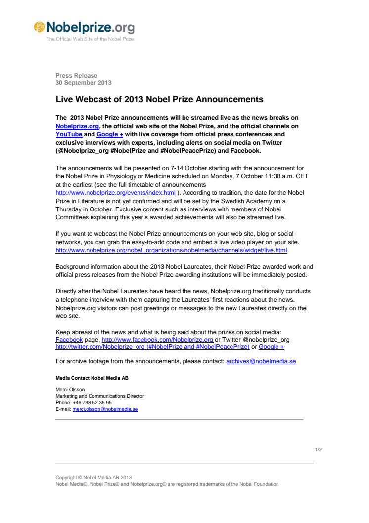 Live Webcast of 2013 Nobel Prize Announcements