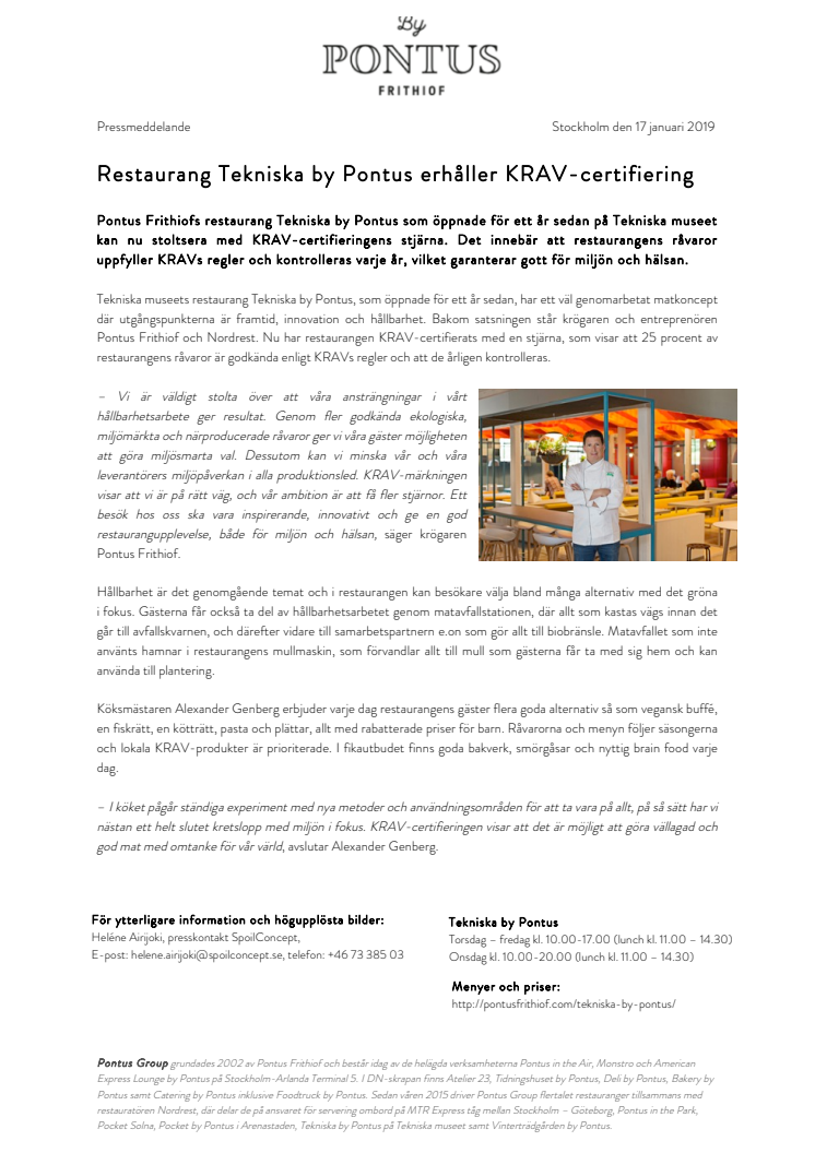 Restaurang Tekniska by Pontus erhåller KRAV-certifiering