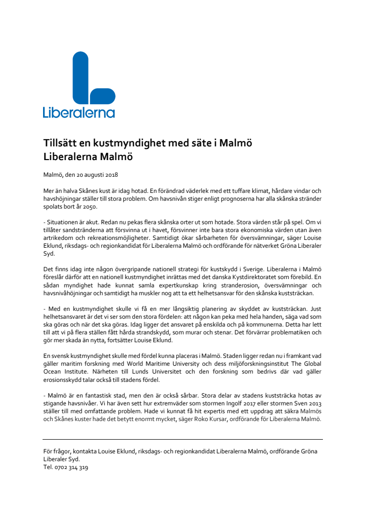 L: Tillsätt en kustmyndighet med säte i Malmö 