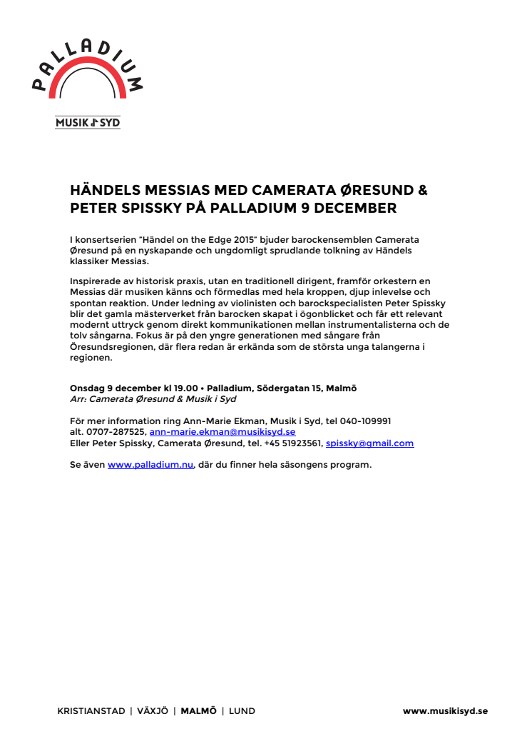 Händels Messias med Camerata Øresund & Peter Spissky på Palladium 9 december