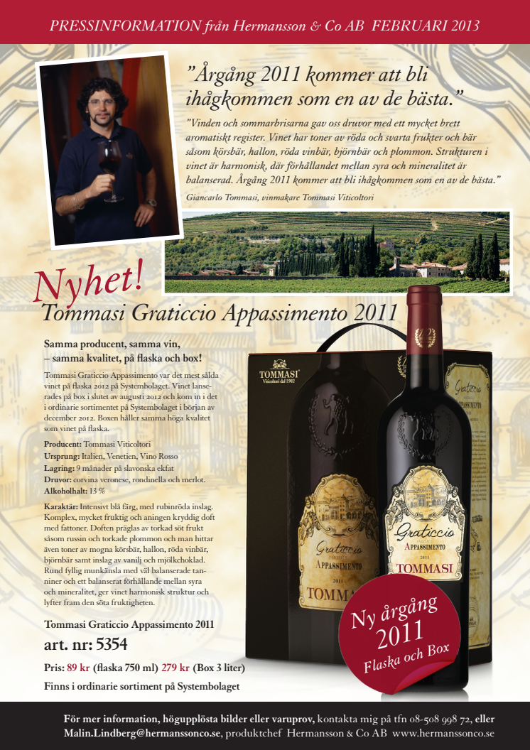 Nyhet - Tommasi Graticcio Appassimento årgång 2011