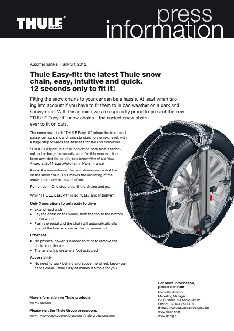 Thule Easy-fit: the latest Thule snow chain, easy, intuitive and quick. 12 seconds only to fit it!
