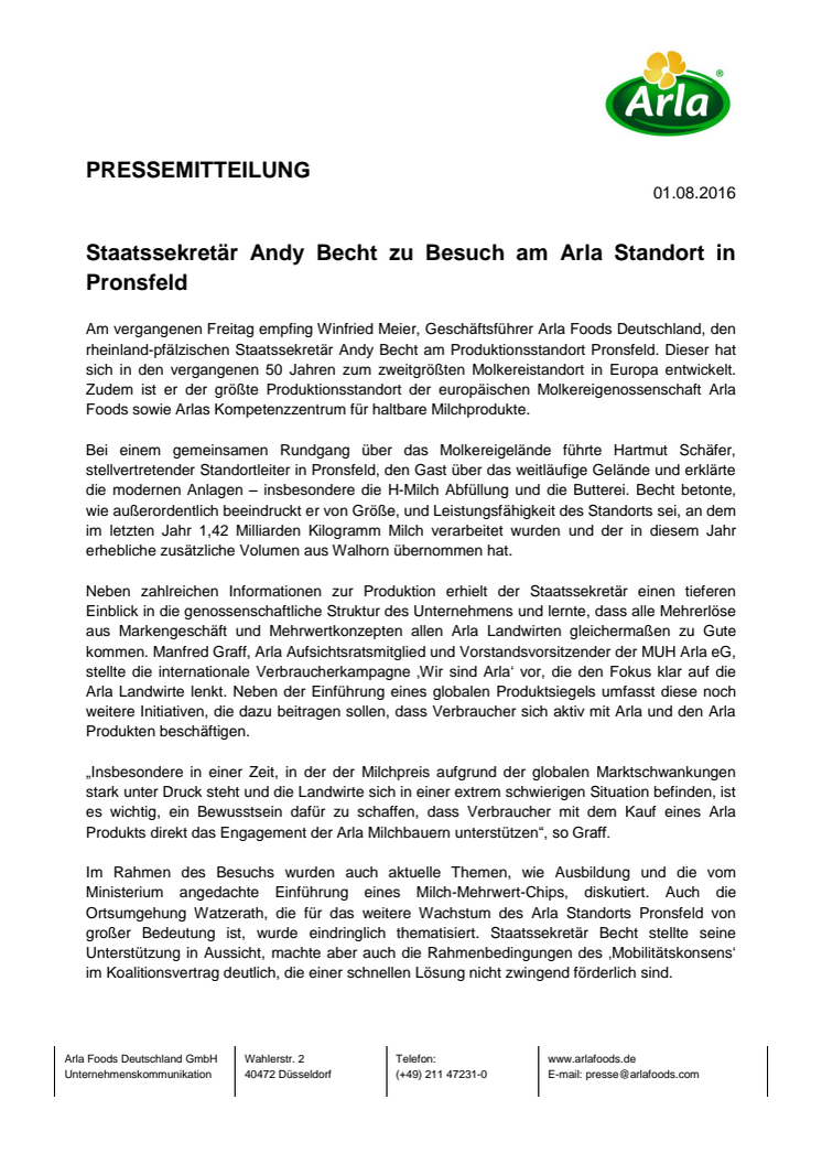 Staatssekretär Andy Becht zu Besuch am Arla Standort in Pronsfeld