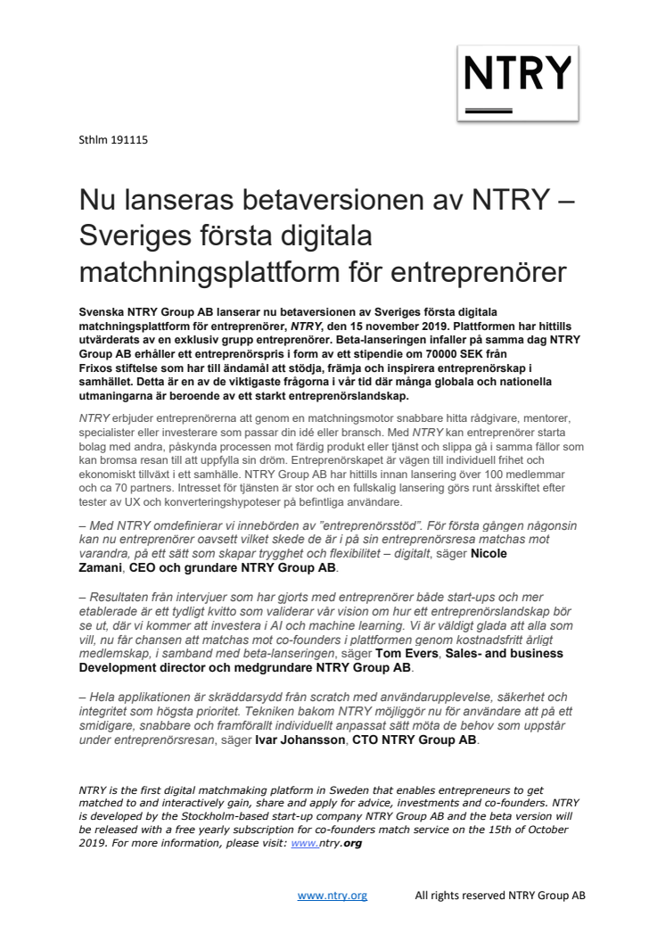 Nu lanseras betaversionen av NTRY – Sveriges första digitala matchningsplattform för entreprenörer