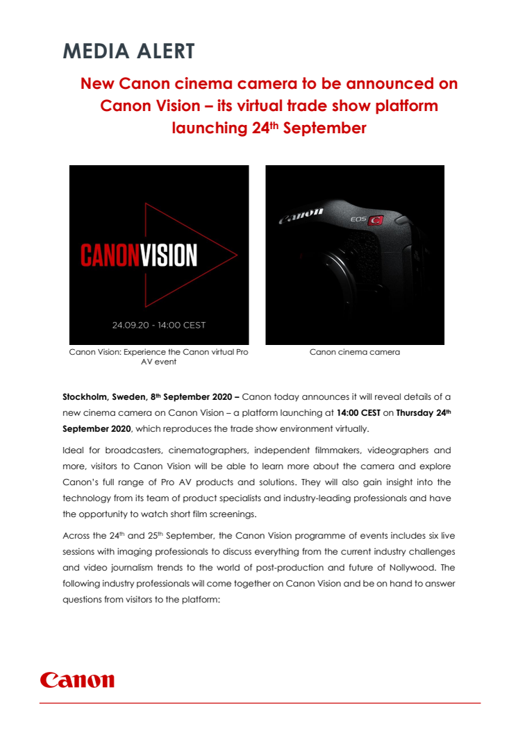 New Canon cinema camera to be announced on Canon Vision – its virtual trade show platform launching 24th September