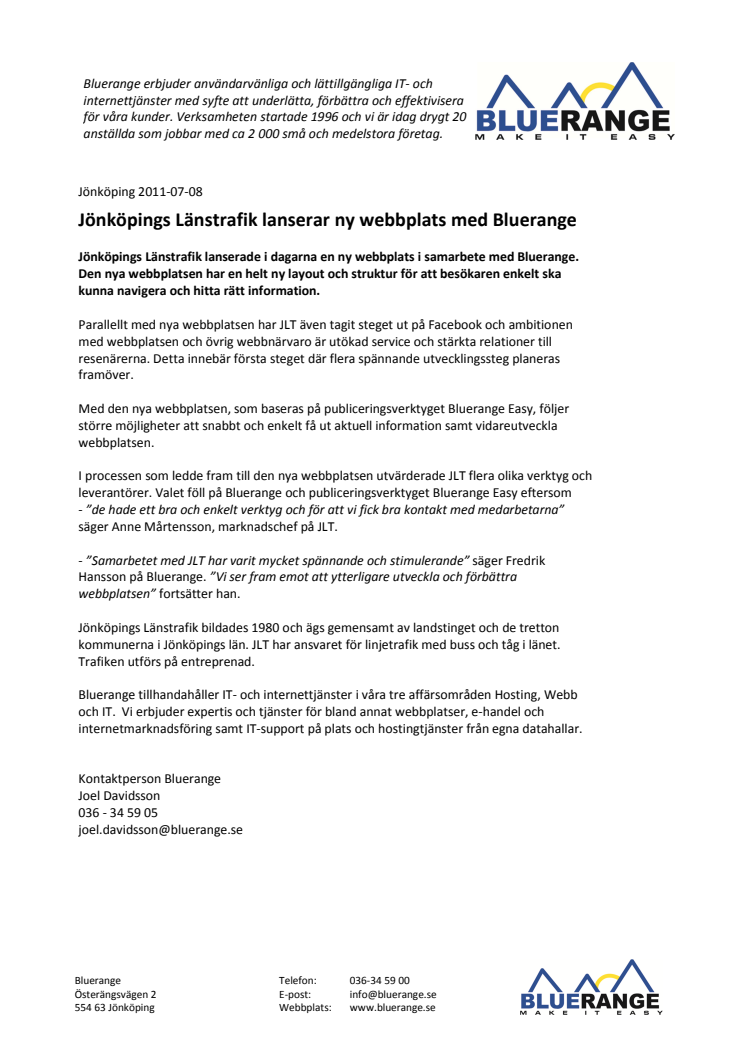 Jönköpings Länstrafik lanserar ny webbplats med Bluerange