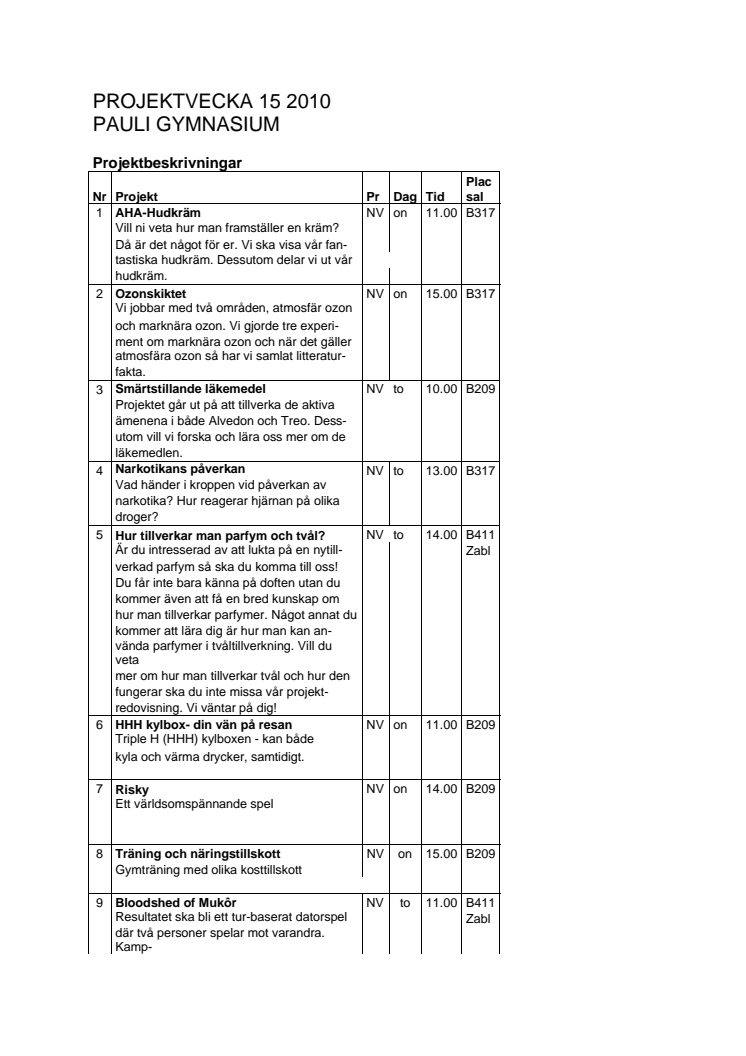 Program för projektredovisningar på Pauli gymnasium
