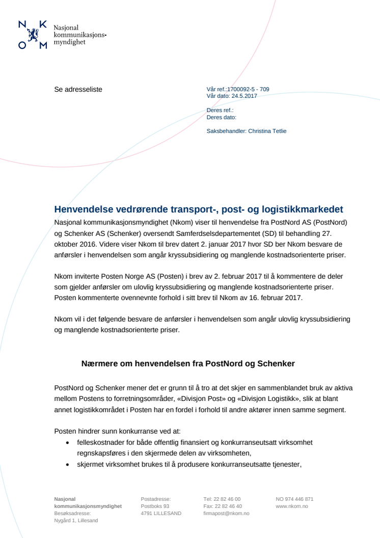 1700092-5 Henvendelse vedrørende transport-, post- og logistikkmarkedet