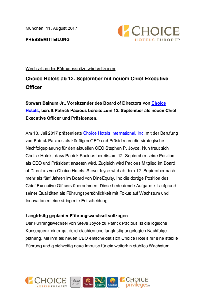 Choice Hotels ab 12. September mit neuem Chief Executive Officer