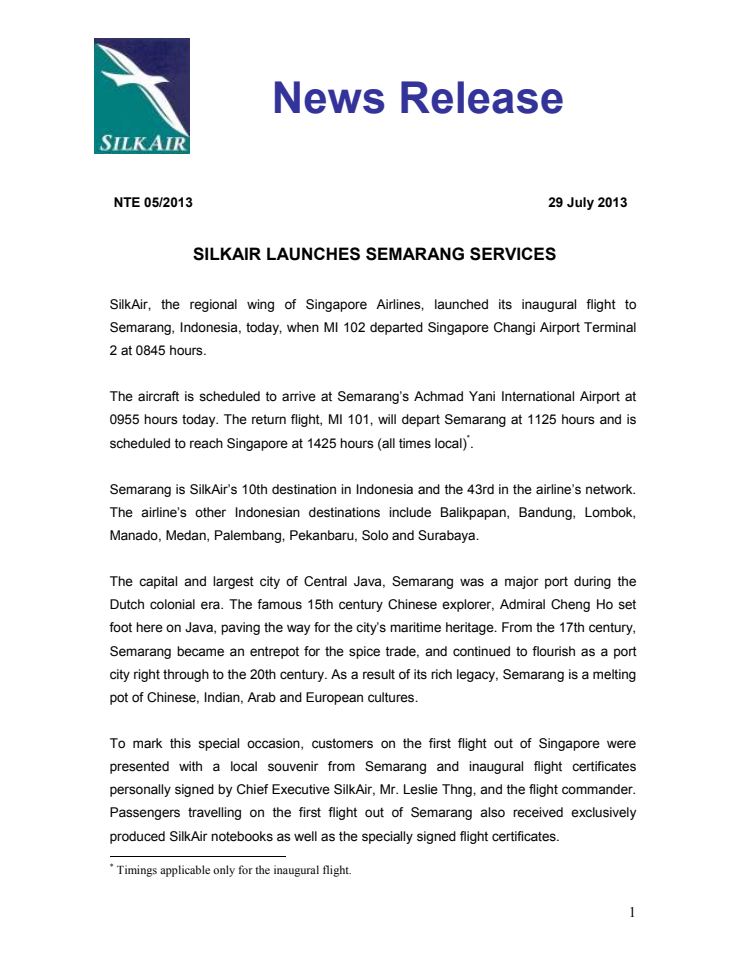 SilkAir Launches Semarang Services 