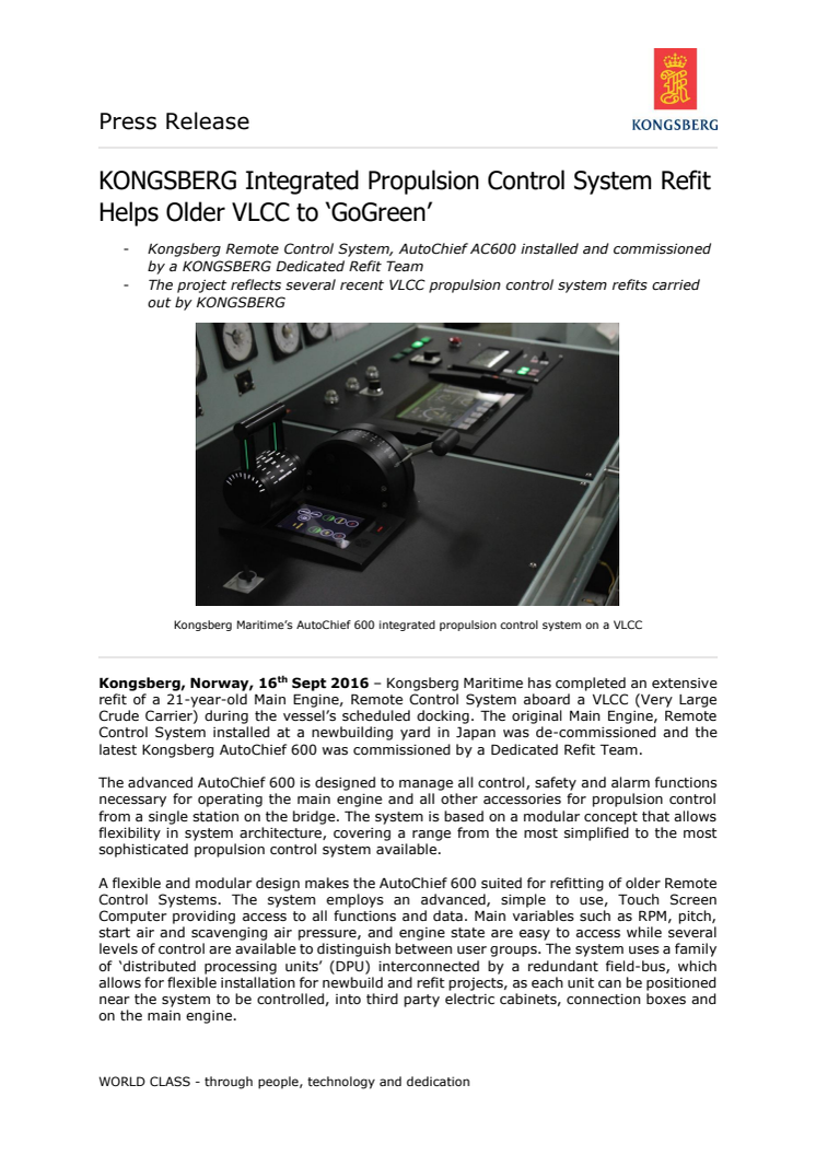 Kongsberg Maritime: KONGSBERG Integrated Propulsion Control System Refit Helps Older VLCC to ‘GoGreen’