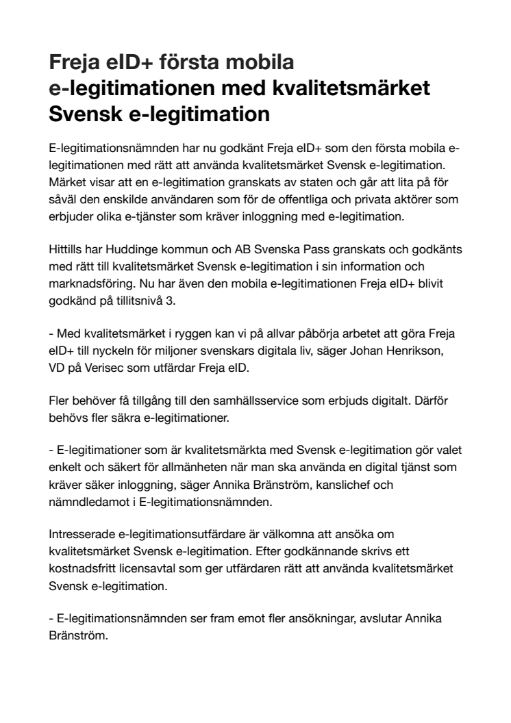 Freja eID+ första mobila e-legitimationen med kvalitetsmärket Svensk e-legitimation