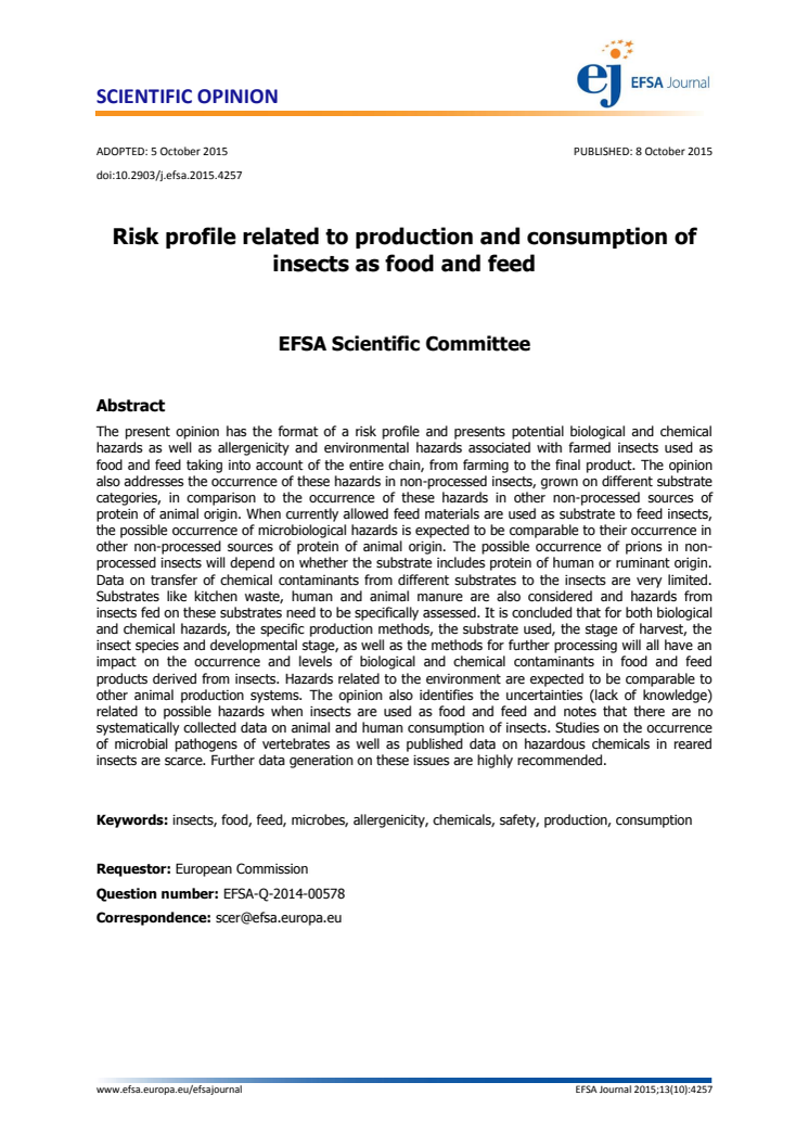 Risk profile related to production and consumption of insects as food and feed