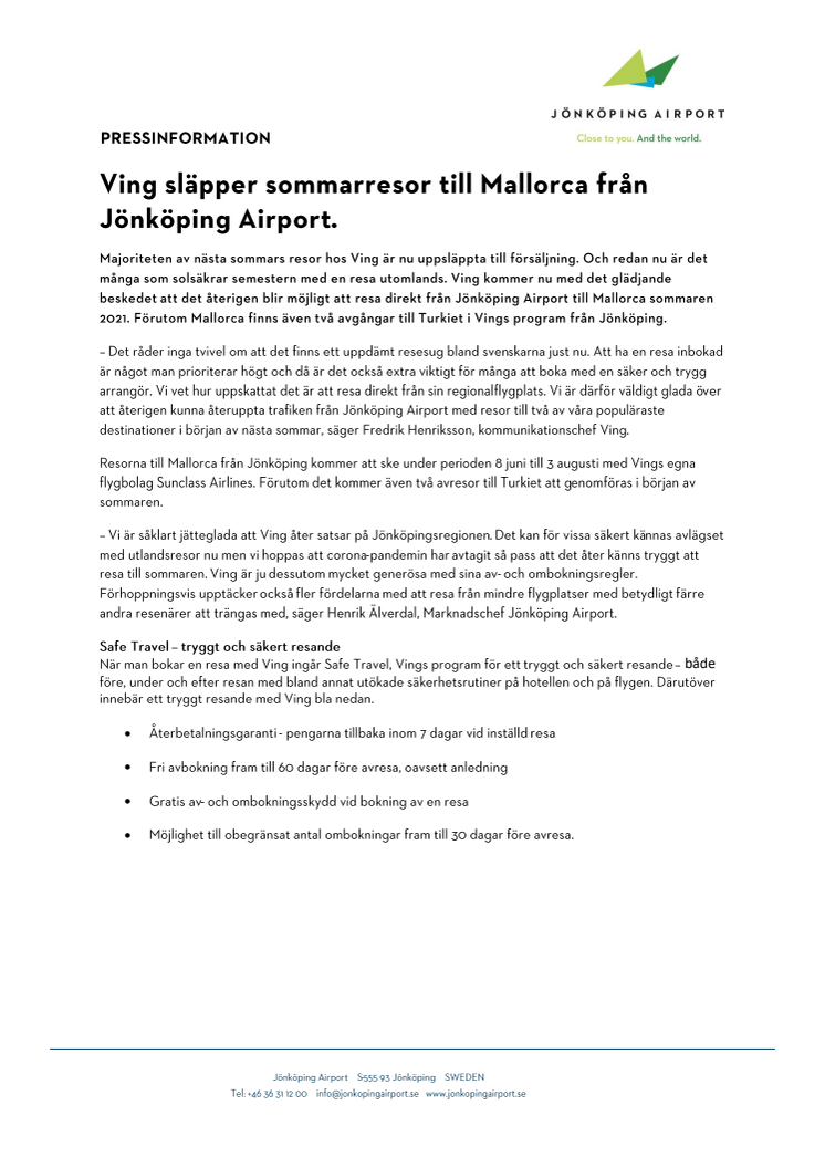 Ving släpper sommarresor till Mallorca från Jönköping Airport.