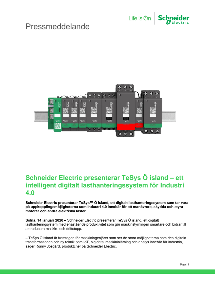 Schneider Electric presenterar TeSys Ö island – ett intelligent digitalt lasthanteringssystem för Industri 4.0