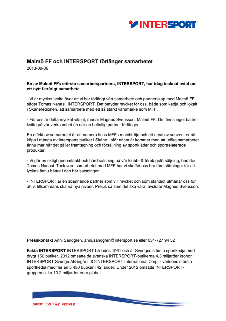 Malmö FF och INTERSPORT förlänger samarbetet