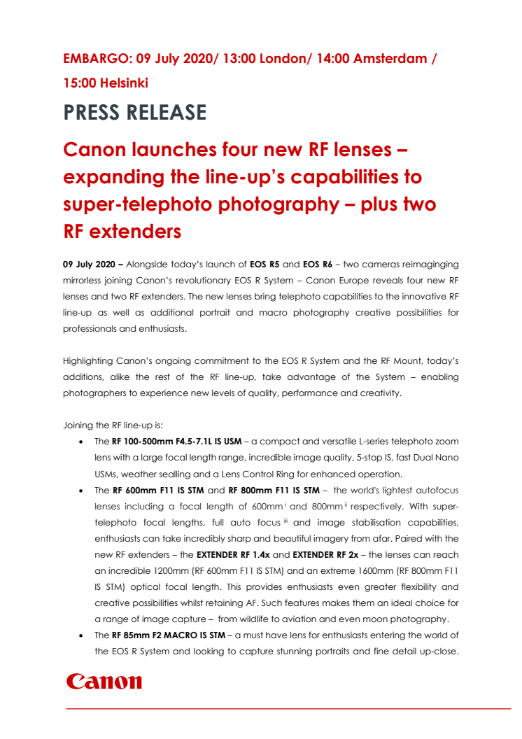 Canon launches four new RF lenses – expanding the line-up’s capabilities to super-telephoto photography – plus two RF extenders