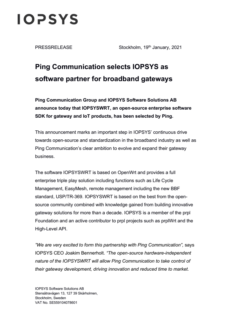 Ping Communication selects IOPSYS as software partner for broadband gateways