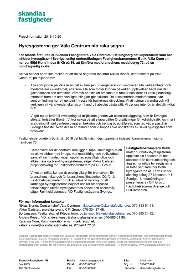 Hyresgästerna ger Väla Centrum nio raka segrar 