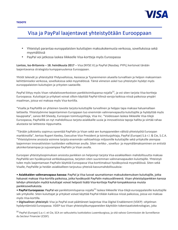 Visa ja PayPal laajentavat yhteistyötään Eurooppaan