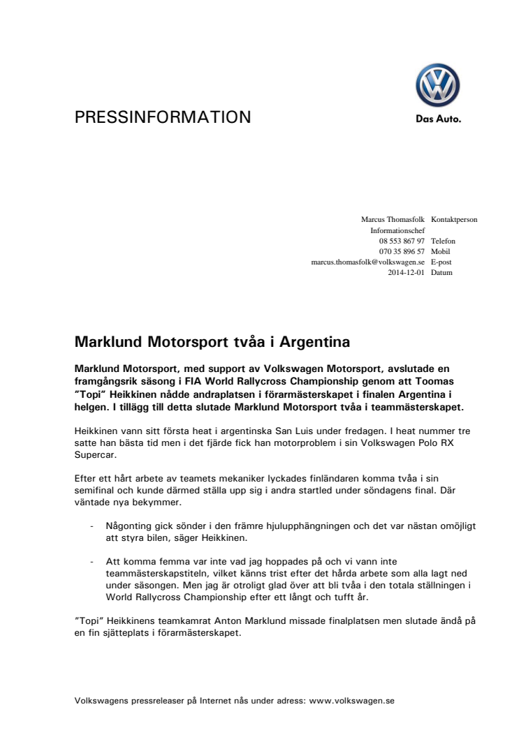 Marklund Motorsport tvåa i Argentina