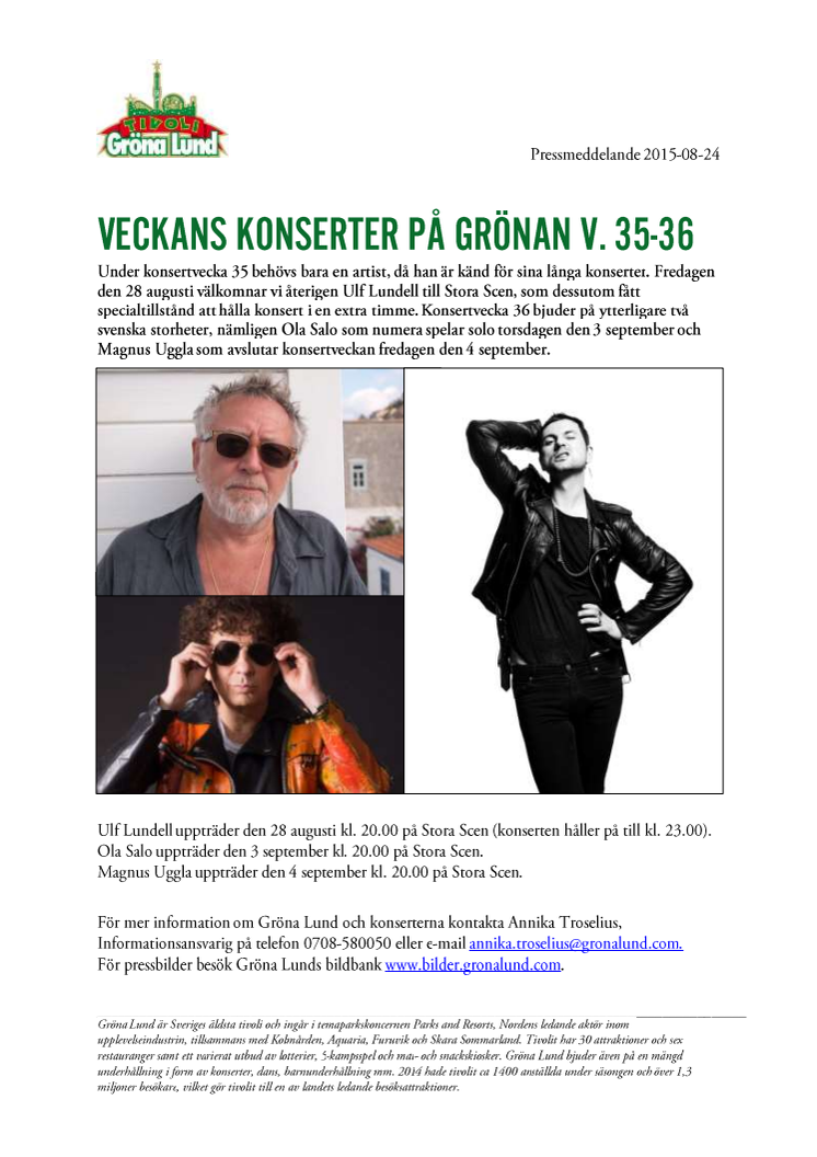 Veckans konserter på Grönan V. 35-36