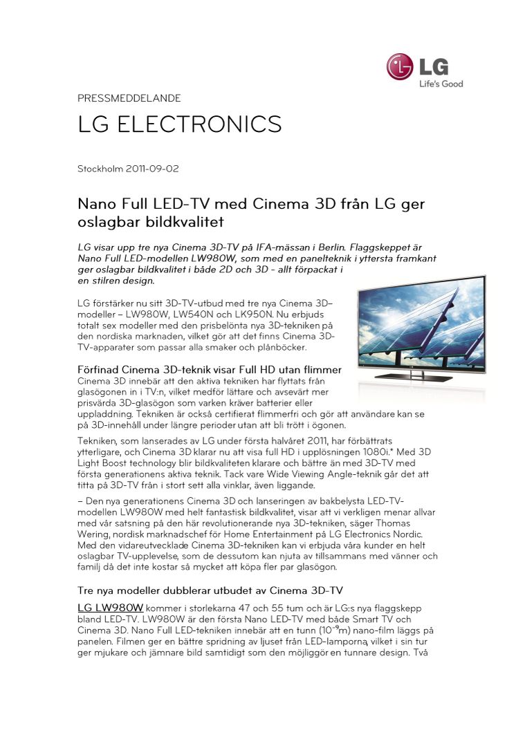 Nano Full LED-TV med Cinema 3D från LG ger oslagbar bildkvalitet