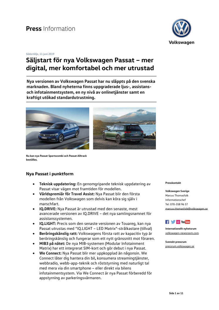 Säljstart för nya Volkswagen Passat – mer digital, mer komfortabel och mer utrustad