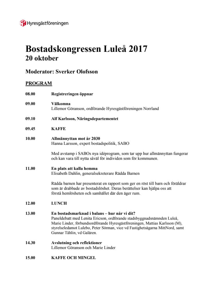 Program Bostadskongress Luleå 2017 
