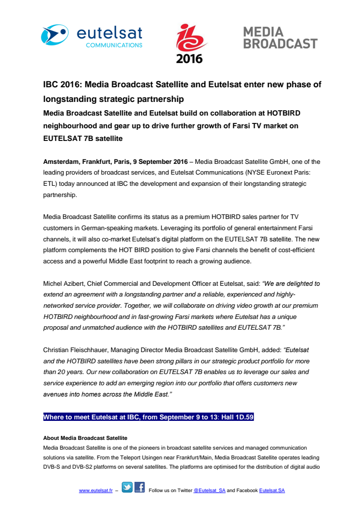 IBC 2016: Media Broadcast Satellite and Eutelsat enter new phase of longstanding strategic partnership 
