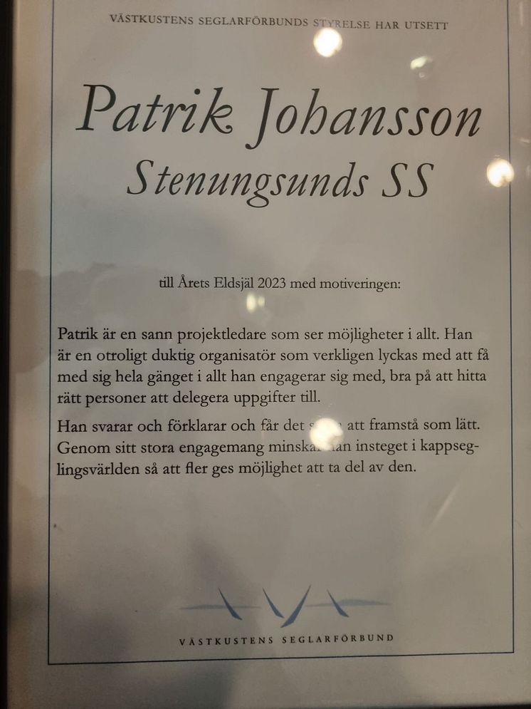 Patrik Johansson, Stenungsunds segelsällskap -årets eldsjäl 2023 - motivering