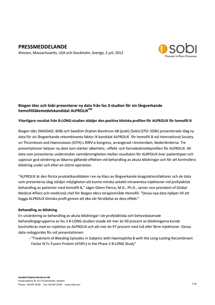 Biogen Idec och Sobi presenterar ny data från fas 3-studien för sin långverkande hemofililäkemedelskandidat ALPROLIX (TM)