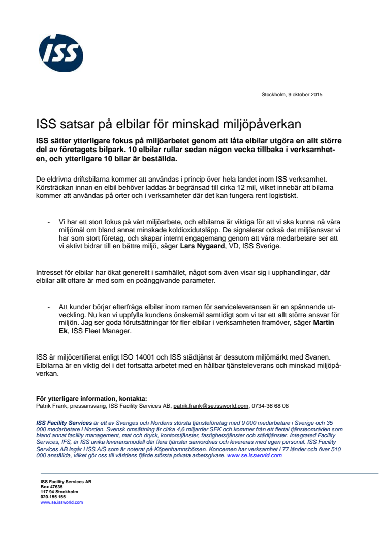 ISS satsar på elbilar för minskad miljöpåverkan