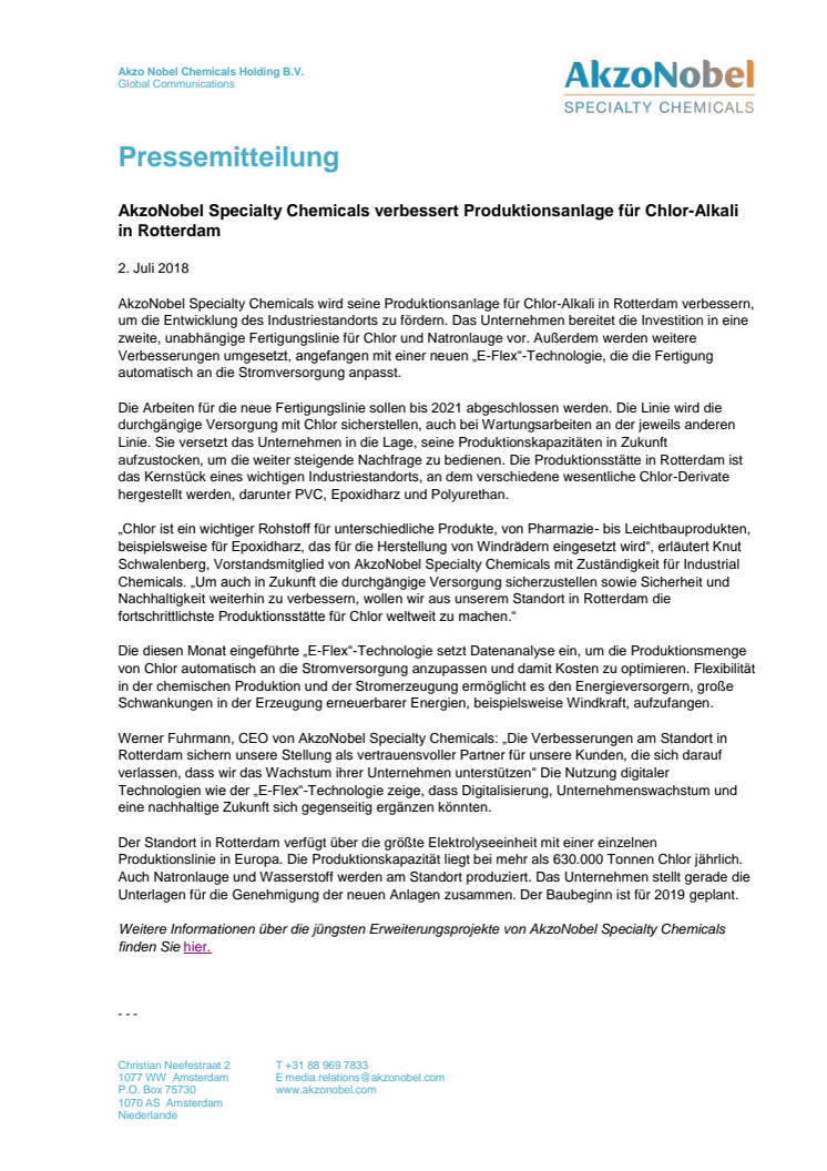AkzoNobel Specialty Chemicals verbessert Produktionsanlage für Chlor-Alkali in Rotterdam