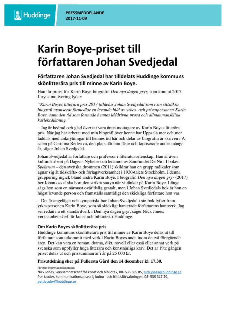 Karin Boye-priset till författaren Johan Svedjedal