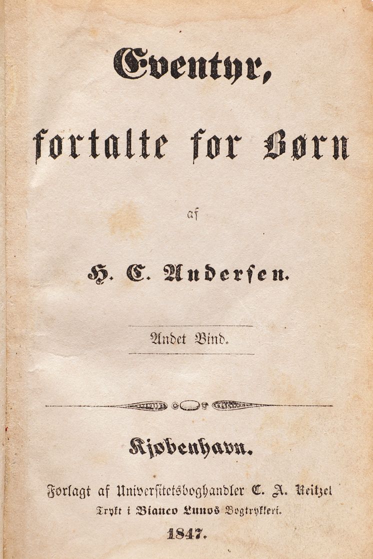 Hans Christian Andersen: Eventyr fortalte for Børn. 2 bd. Kbh: C.A. Reitzel 1842-47. Vurdering: 30.000-50.000 kr.
