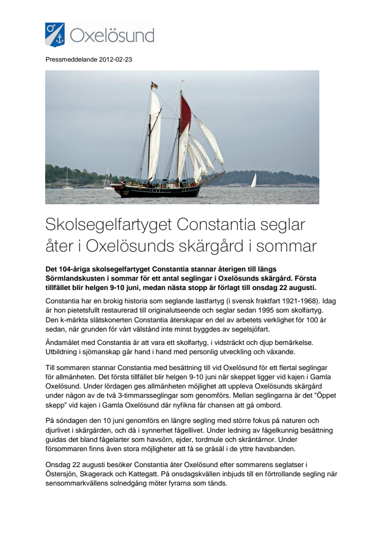 Skolsegelfartyget Constantia seglar  åter i Oxelösunds skärgård i sommar