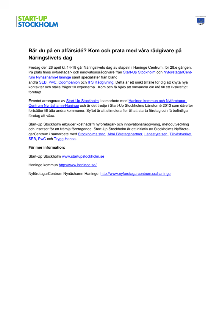 Start-Up Stockholms tredje event sker i Haninge den 26 april