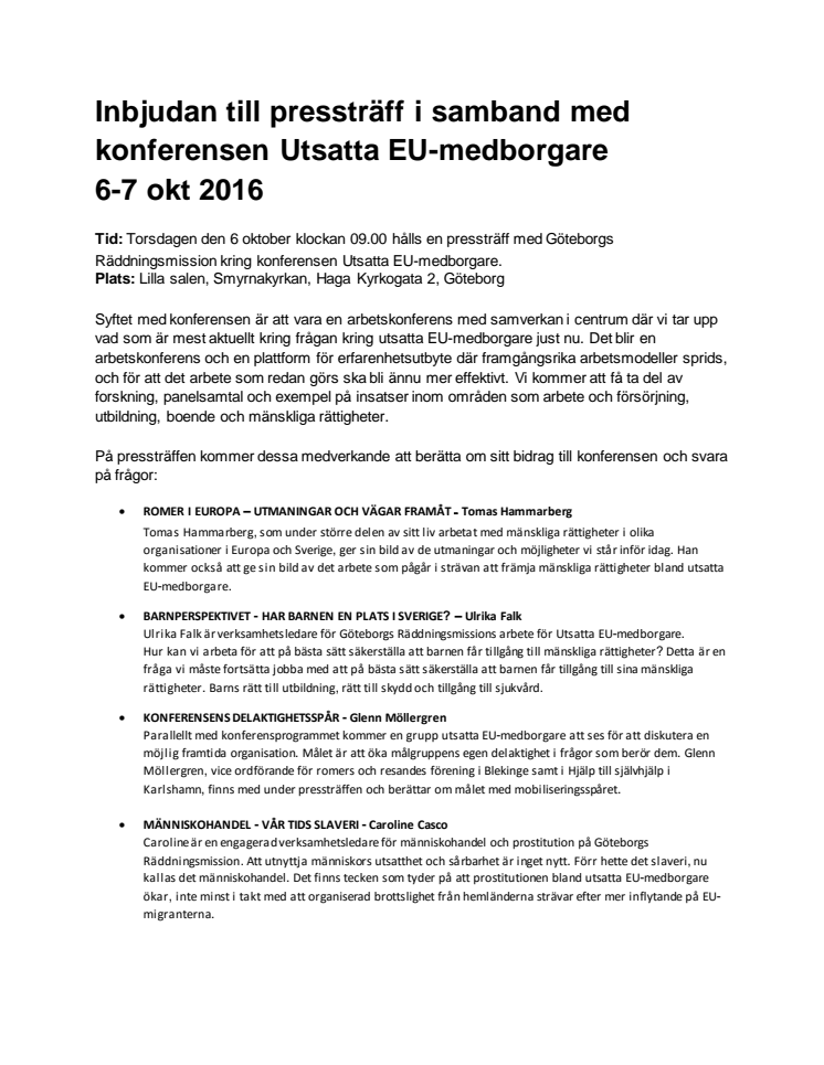 Inbjudan till pressträff i samband med konferensen Utsatta EU-medborgare,  6-7 okt 2016 