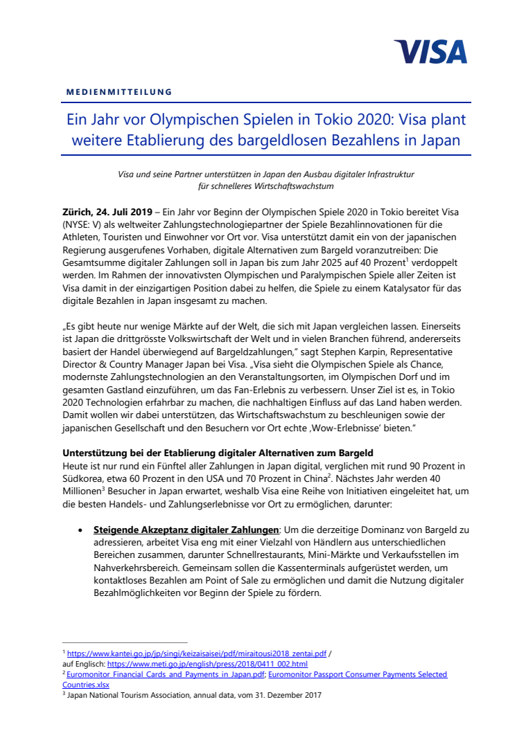 Ein Jahr vor Olympischen Spielen in Tokio 2020: Visa plant weitere Etablierung des bargeldlosen Bezahlens in Japan