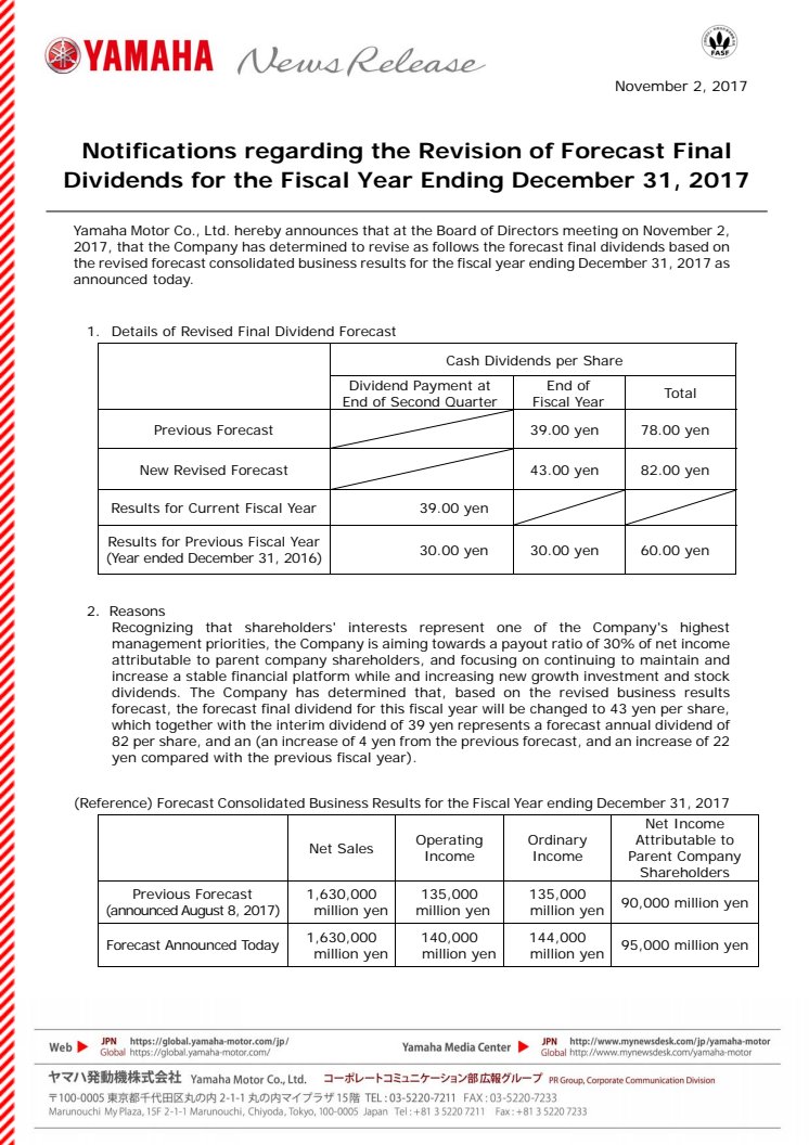 Notifications regarding the Revision of Forecast Final Dividends for the Fiscal Year Ending December 31, 2017
