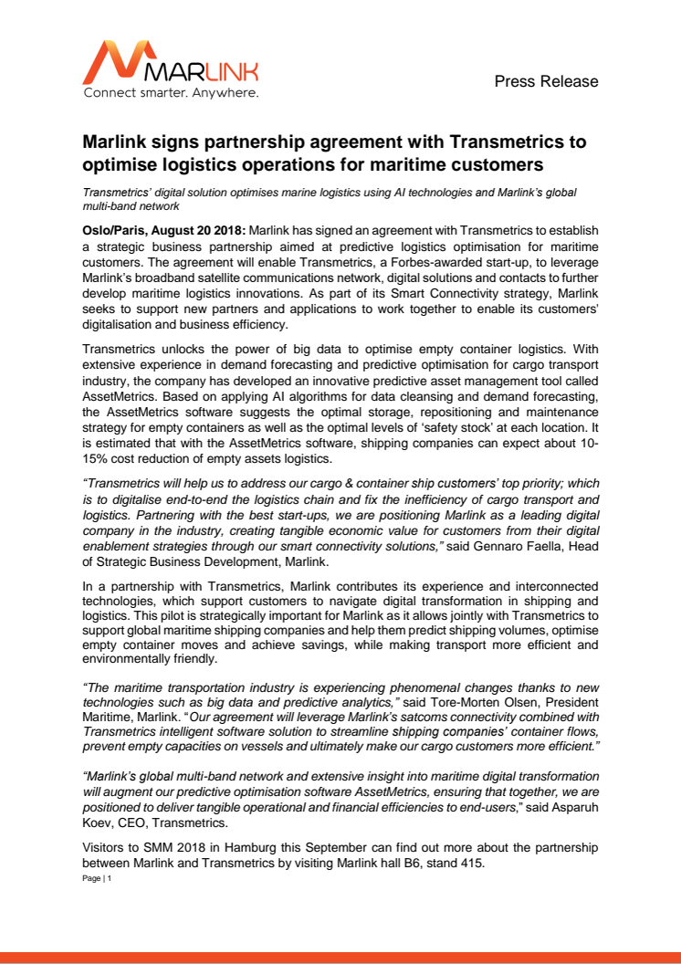 Marlink signs partnership agreement with Transmetrics to optimise logistics operations for maritime customers