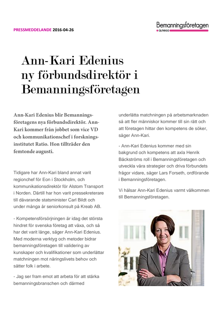 Ann-Kari Edenius ny förbundsdirektör i Bemanningsföretagen