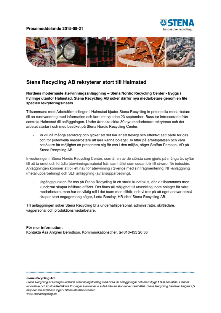 Stena Recycling AB rekryterar stort till Halmstad