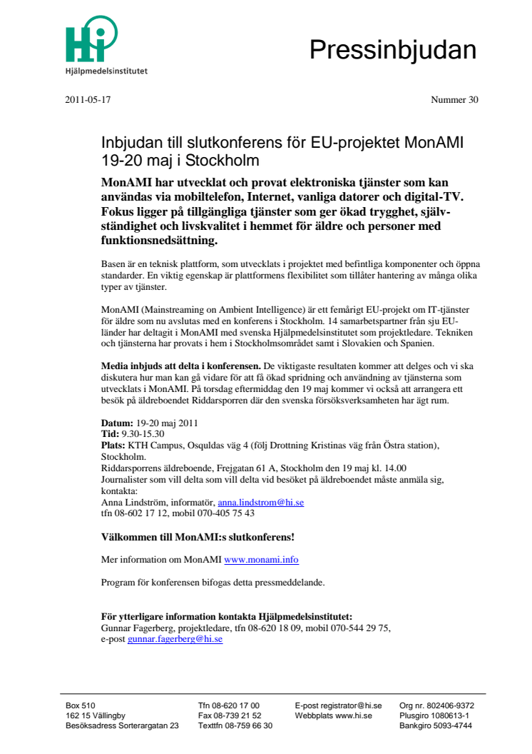 Pressinbjudan till slutkonferens för EU-projektet MonAMI 19-20 maj i Stockholm