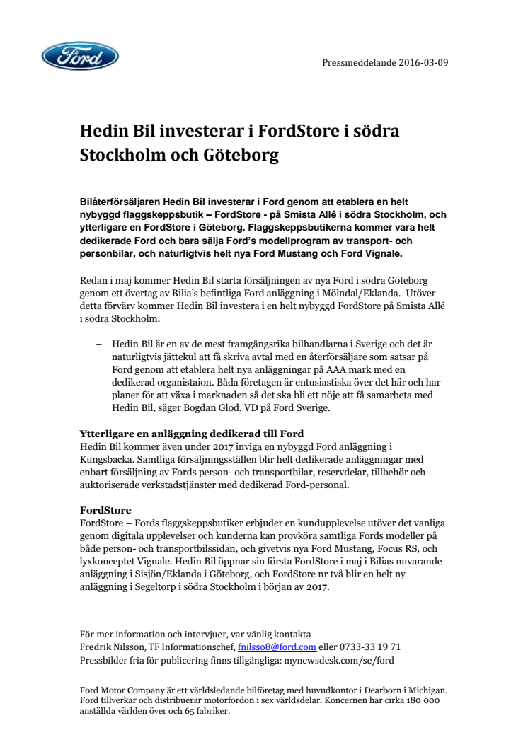 Hedin Bil investerar i FordStore i södra Stockholm och Göteborg